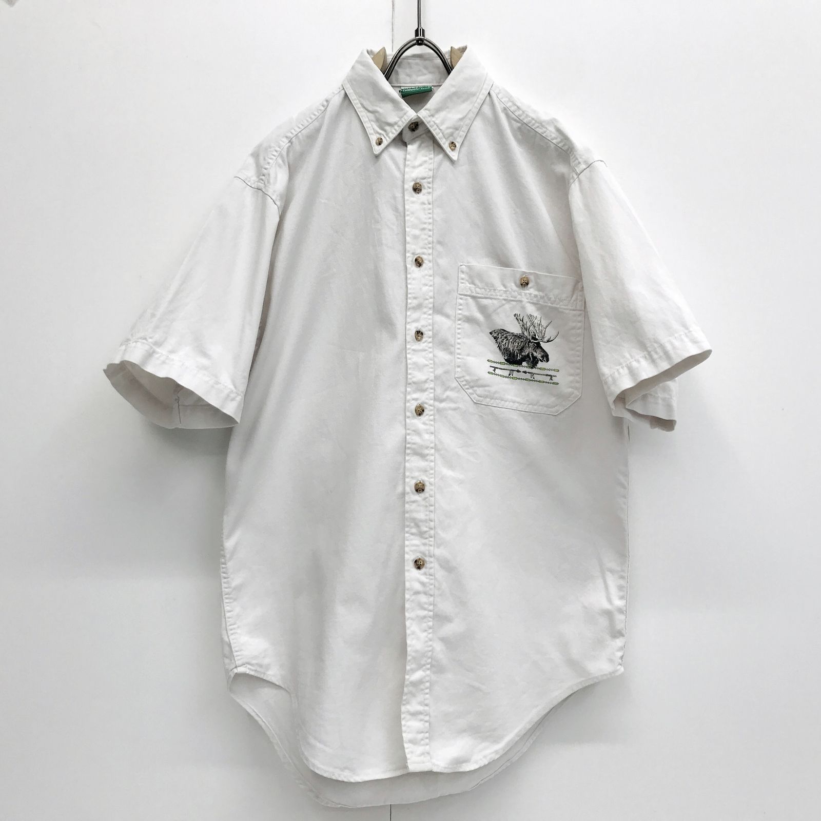 【中古】 長袖シャツ コールドウォータークリーク 90年代 USA製 コットンツイル ヘラジカ プリント入り ボタンダウンシャツ ホワイト L 半袖 タグ ホワイト【加古川物流】