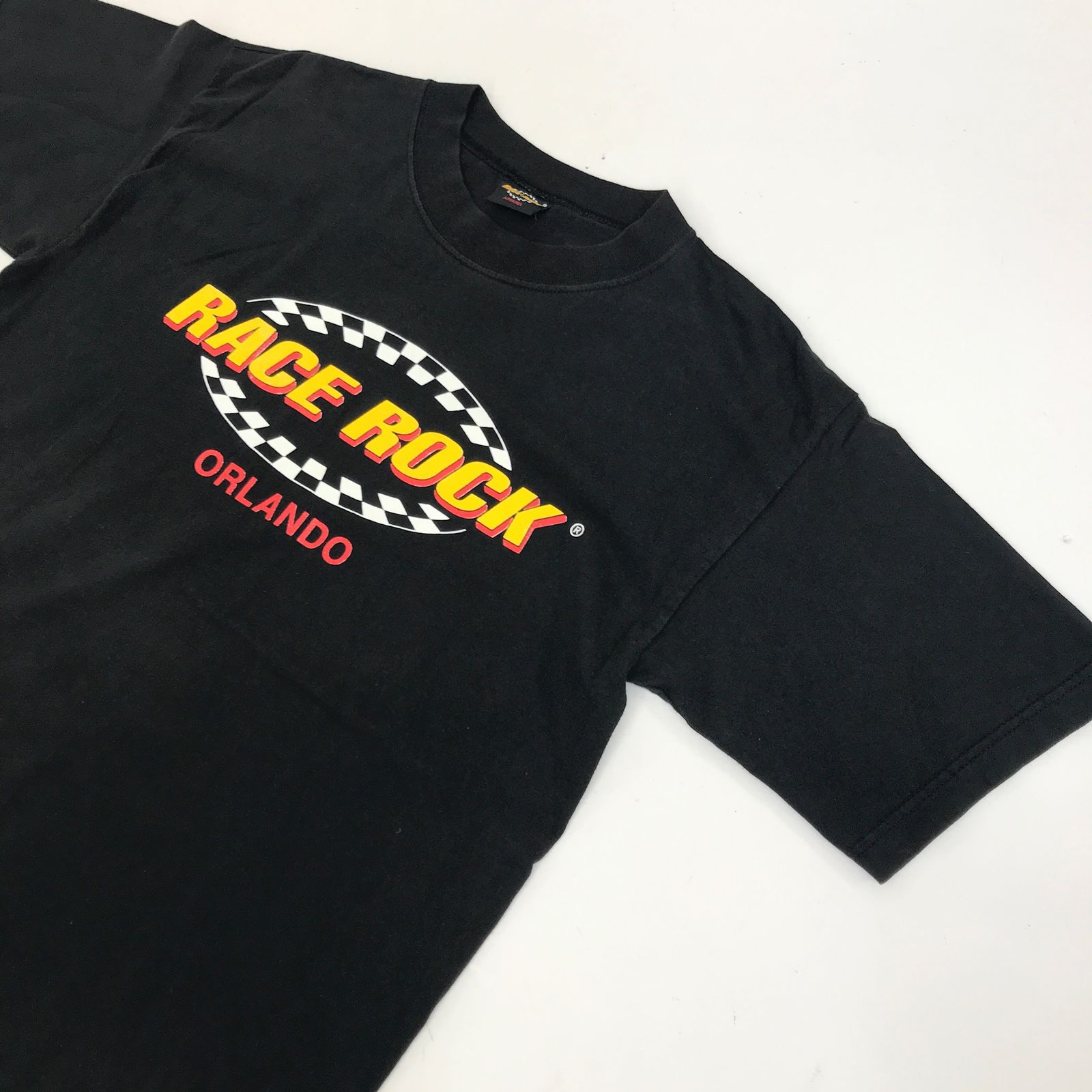 【中古】 半袖Tシャツ APPAREL ORLANDO レースロック 90～ 00年代 USA製 チェッカーフラッグ レーシング Tシャツ ブラック LARGE 表記 半袖 ブラック【加古川物流】