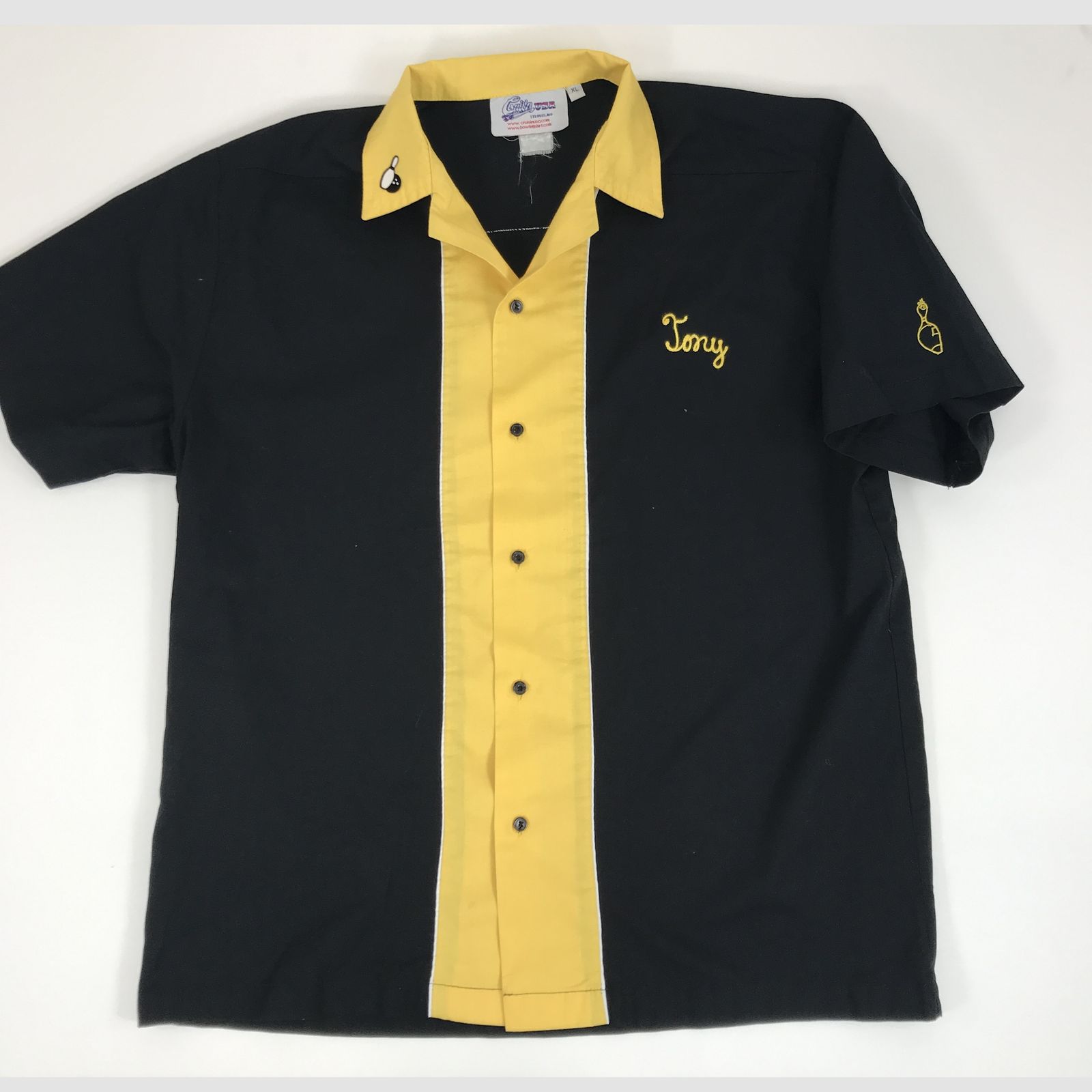 【中古】 長袖シャツ USA クルージン ポリコットン ワンポイント刺繍 バックプリント入り ボーリングシャツ ブラック イエロー 開襟 オープンシャツ XL 表記 半袖 イエロー サイズ:XL【加古川物流】