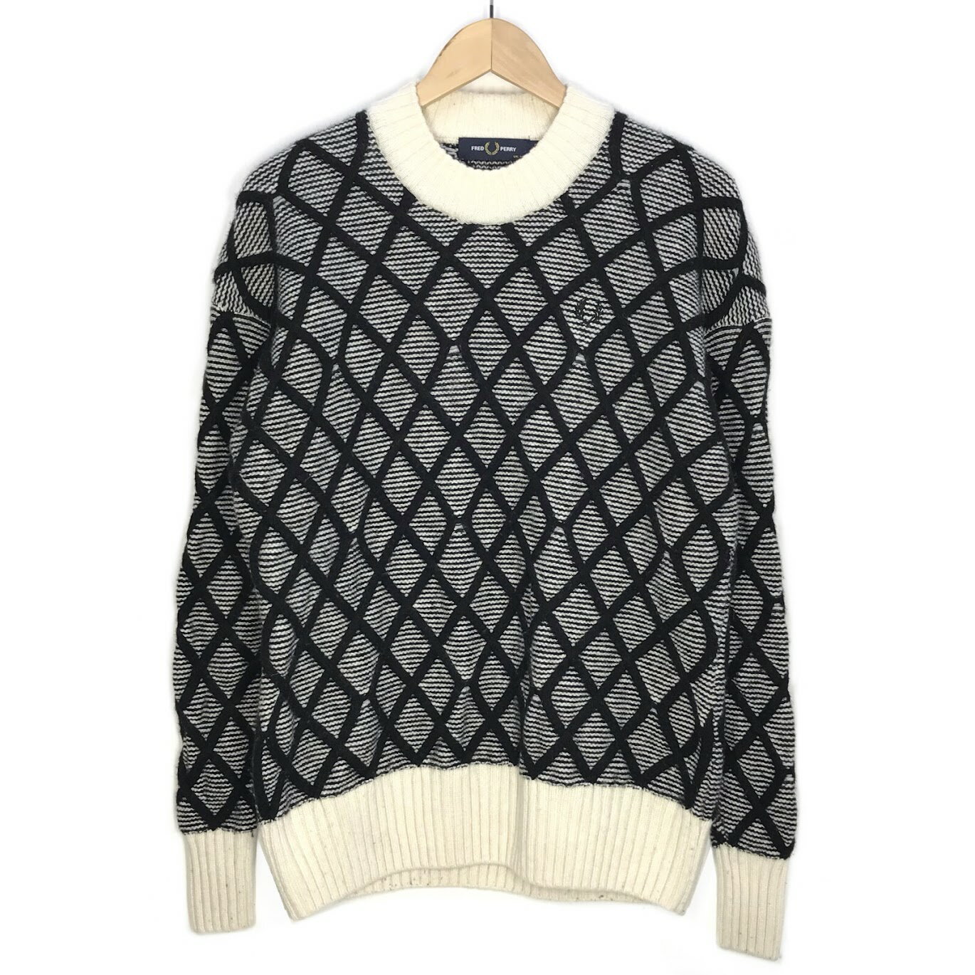 【中古】FRED PERRY | フレッドペリー Textured Monochrome Jumper 総柄 ニット K2121 ブラック×アイボ..