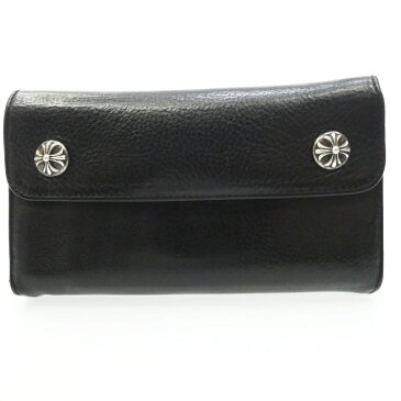 【中古】CHROME HEARTS クロムハーツ 購入証明書（コピー）付き　メンテナンス済み WAVE WALLET LEATHER W/CROSS BTN　ウェイブウォレットレザー/クロスボタン　長財布 サイズ： カラー：ブラック【f134】