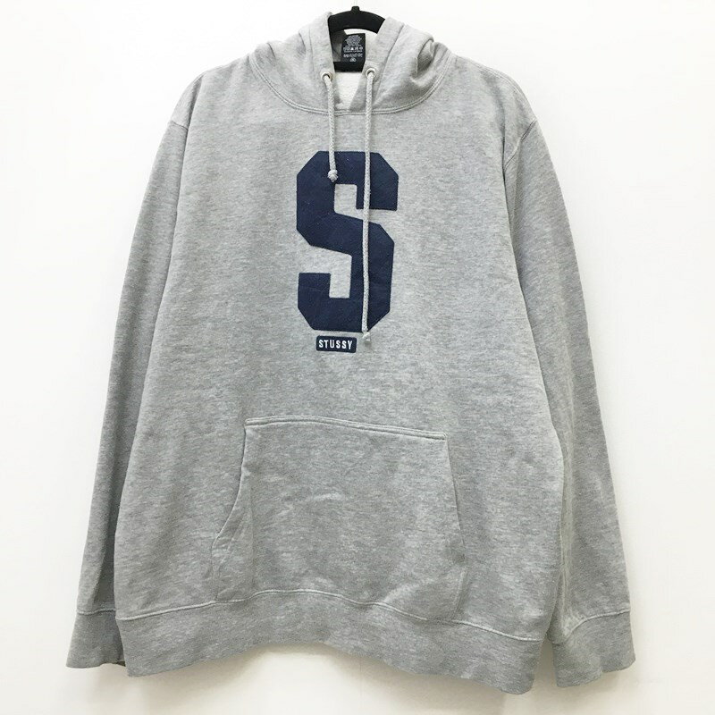 ★5/20(月)15:00迄【10%OFF】期間限定SALE★【中古】STUSSY ステューシー プルオーバーパーカー サイズ：XL カラー：グレー S LOGO フロッキー / ストリート【f103】