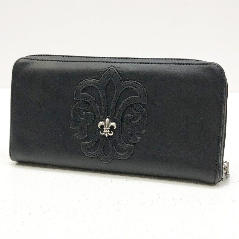 【中古】CHROME HEARTS クロムハーツ 購入証明書付き ラウンドファスナー長財布 サイズ：- カラー：ブラック インボイス 2246-304-0613-0900BSフレア装飾ラウンドジップレザーウォレット REC F ZIP#2 BS FLR【f134】