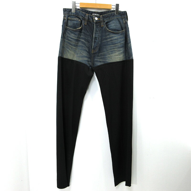 【中古】BALENCIAGA|バレンシアガ パッチドストレートレッグデニムパンツ ボタンフライ ブルー系×ブラック サイズ:W30【f108】