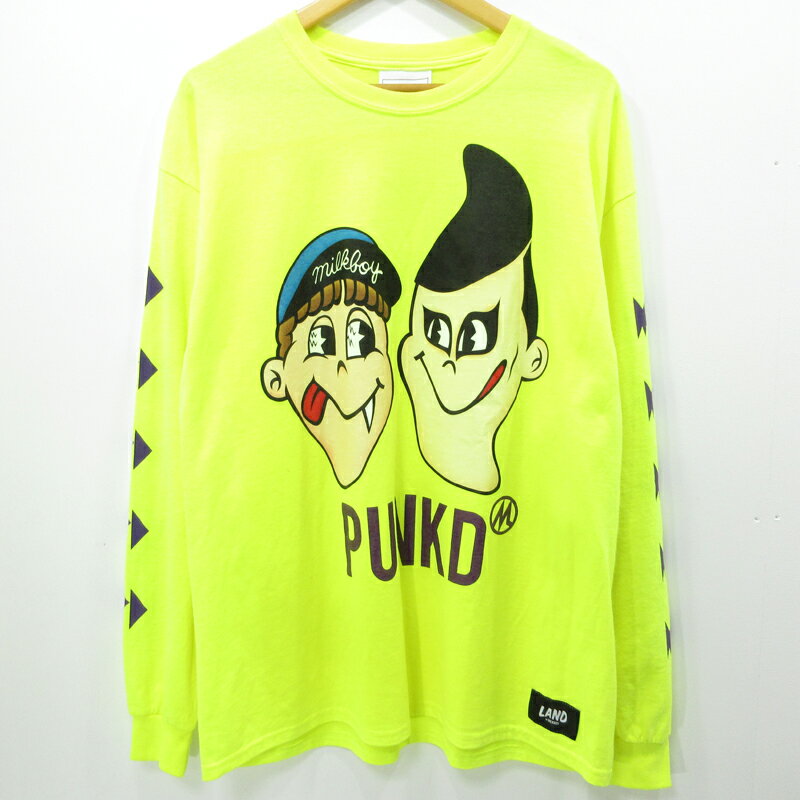 【中古】PUNK DRUNKERS × LAND BY MILKBOY｜パンクドランカーズ × ランドバイミルクボーイ ロングTシャツ イエロー サイズ：XL【f103】