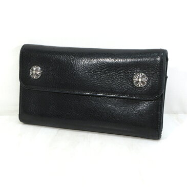 【中古】CHROME HEARTS｜クロムハーツ WAVE WALLET ウェーブウォレット クロスボタン / 三つ折り長財布 レザーウォレット ブラック【f134】