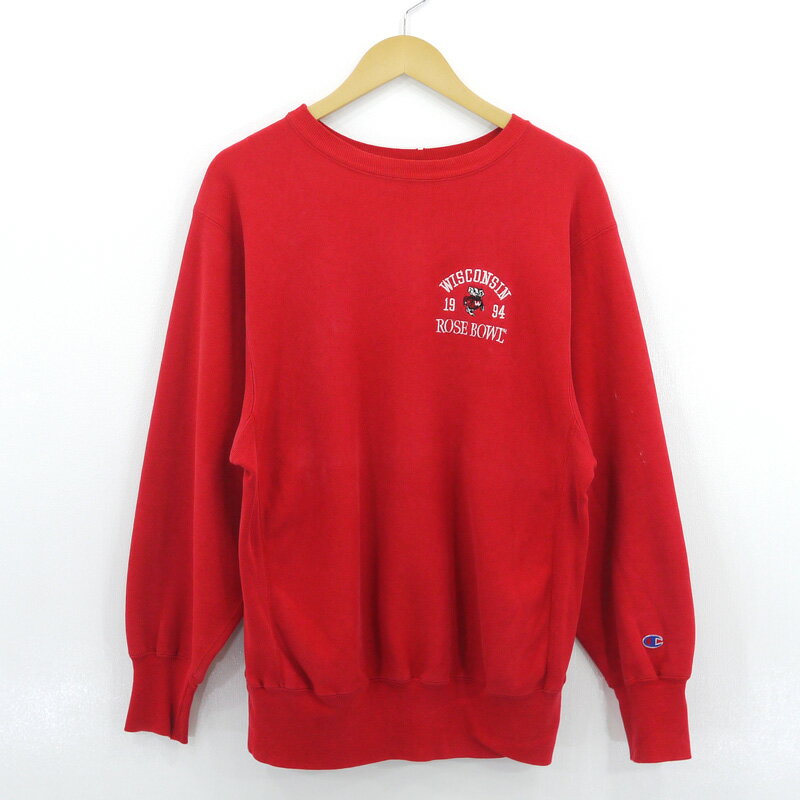 【中古】Champion｜チャンピオン 90's ヴィンテージ Reverse Weave リバースウィーブ 刺繍タグ ウィスコンシン大学 バッキー スウェット トレーナー レッド サイズ：XL【f105】