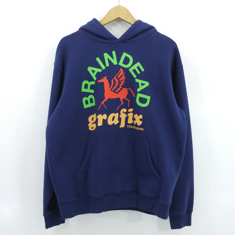 【中古】BRAIN DEAD｜ブレインデッド GRAFIX HOODIE ロゴプリント プルオーバーパーカー 裏起毛 ネイビー サイズ：M【f103】