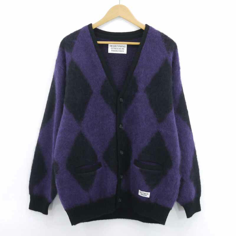 【中古】WACKO MARIA｜ワコマリア DIAMOND MOHAIR KNIT CARDIGAN ニットカーディガン パープル×ブラック サイズ：L【f104】