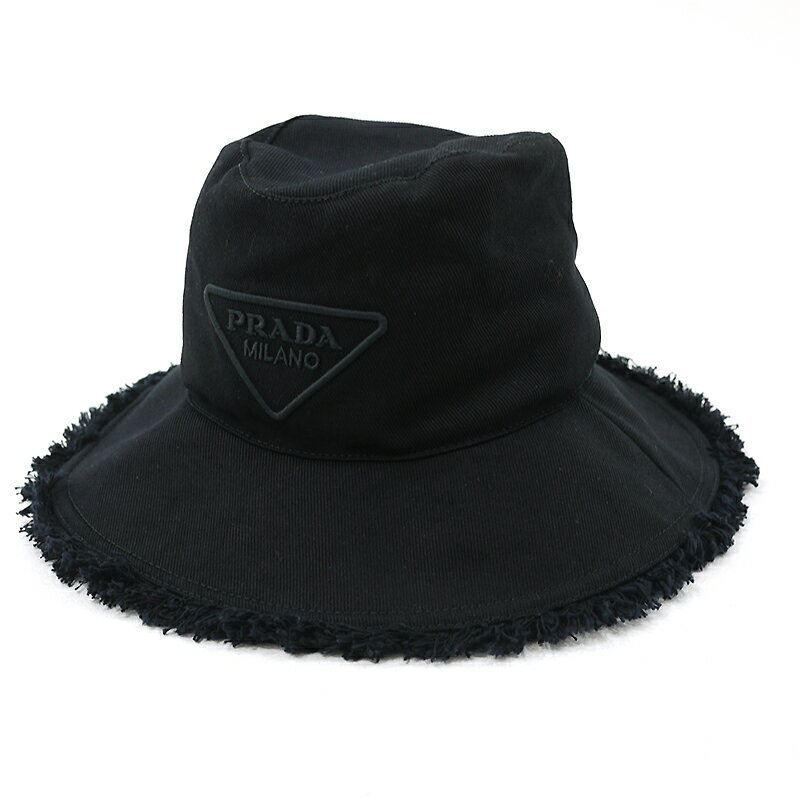 【中古】PRADA｜プラダ ドリル ハット　フリンジ　帽子　1HC145 2FMB ブラック サイズ：M（58cm）【f135】