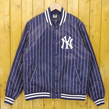 【中古】MAJESTIC/マジェスティック New York Yankees ピンストライプ サテンスタジャン サイズ：L カラー：ネイビー×ホワイト【f095】