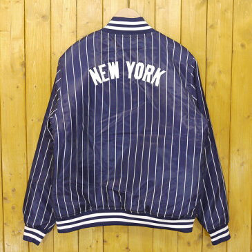 【中古】MAJESTIC/マジェスティック New York Yankees ピンストライプ サテンスタジャン サイズ：L カラー：ネイビー×ホワイト【f095】