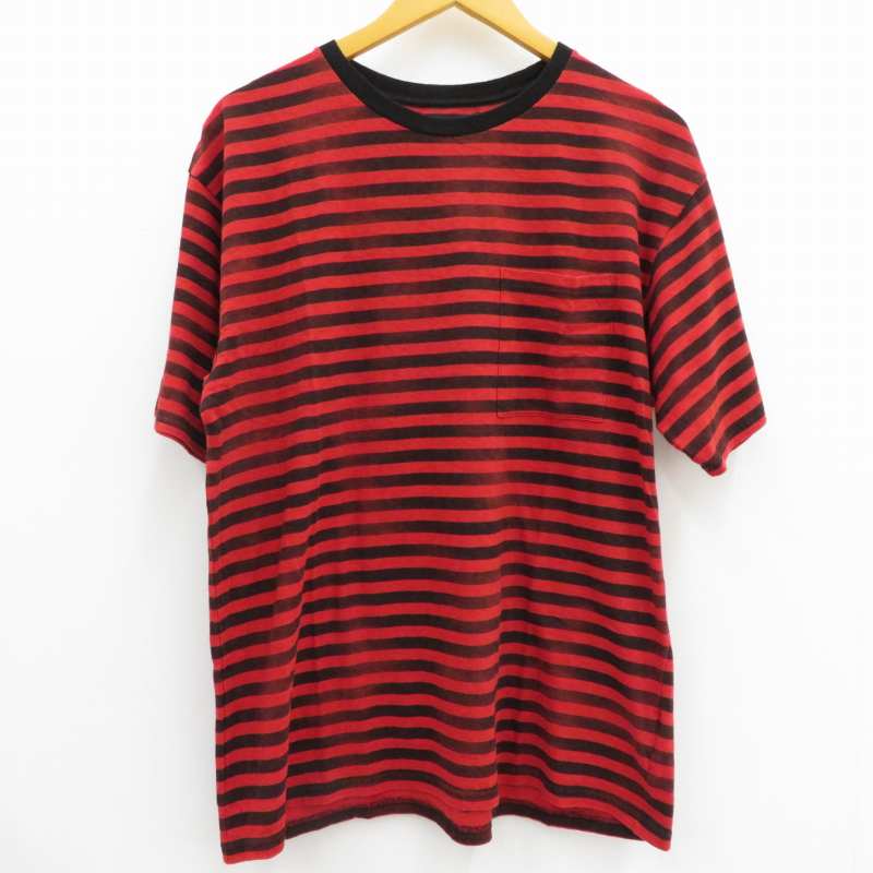 MINEDENIM｜マインデニム Hazy Border T-SH　ボーダーTシャツ半袖 ブラック×レッド サイズ：XL