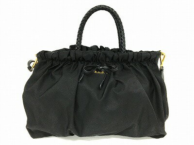 【中古】PRADA(プラダ) BN1631 テスートボウ ナイロン 2Way ギャザー ハンドバッグ リボン ブラック【長崎時津店】