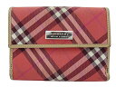 【中古】BURBERRY BLUE LABEL “バーバリーブルーレーベル” チェック柄 フラップ ショートウォレット ロゴプレート 二つ折り財布 ダブルスナップボタン レッド系【鹿児島店】