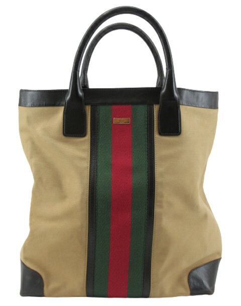 【中古】GUCCI “グッチ” シェリーライン キャンバストート ハンドバッグ ウェブストライプ 002・1121 ベージュ系【鹿児島店】