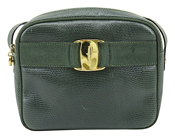 樂天商城 - 【中古】Salvatore Ferragamo “サルヴァトーレフェラガモ” ヴァラリボン リザード型押し ショルダーバッグ クロスボディ 斜め掛け 肩掛け ポシェット ポーチ ゴールド金具 ヴィンテージ オールド D213096 グリーン【鹿児島店】