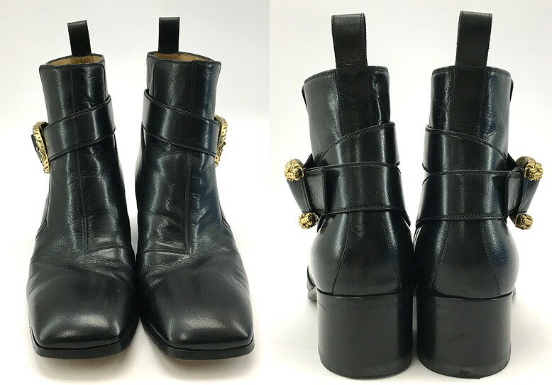 【中古】【サイズ：7】GUCCI グッチ Leather boot with buckle レザーブーツ ウィズ バックル BLACK 437325 16AW 虎 スクエアトゥ 【八代店】