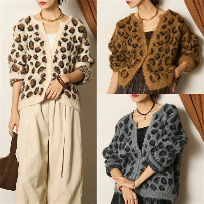 カーディガン ヒョウ柄 ニットカーディガン レディース ニット セーター 長袖 アウター ニットセーター レオパード 秋 冬 Vネック 前開き トップス カットソー きれいめ カーデ 羽織り 重ね着 シンプル ゆったり 体型カバー 着痩せ カジュアル 通勤OL 通学 女性