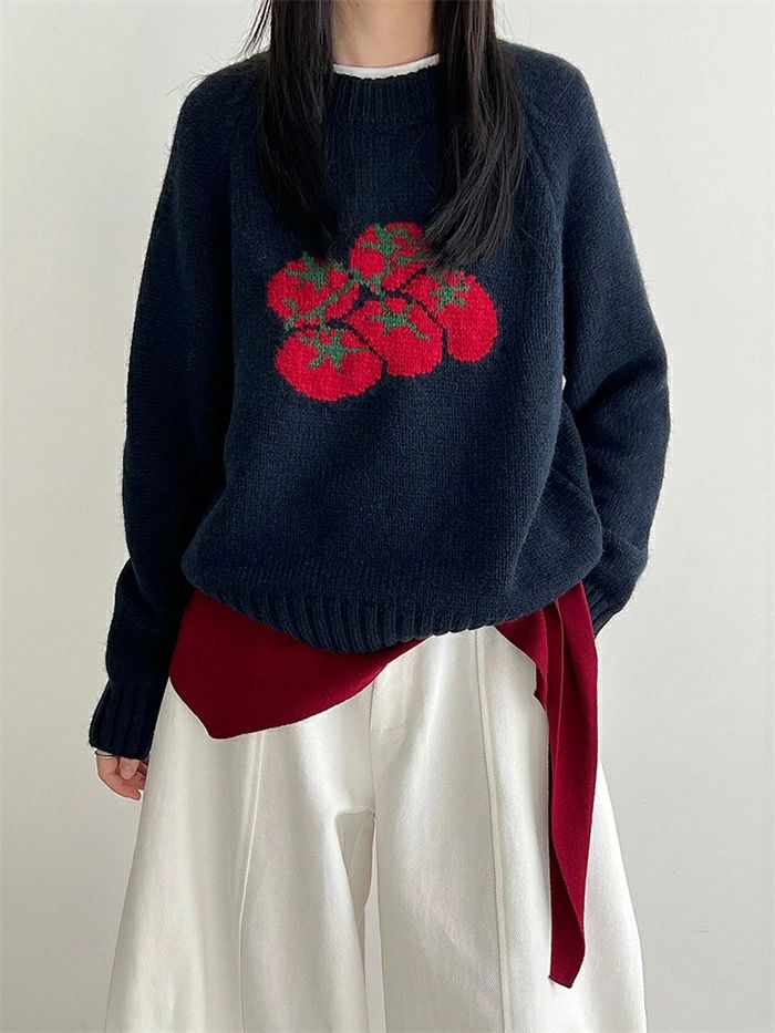 ニットセーター ニット 可愛い レディース セーター 秋 トップス 長袖 カットソー クルーネック トマト柄 きれいめ プルオーバー 重ね着 レイヤード ゆったり 体型カバー カジュアル シンプル おしゃれ ネイビー グレー ベージュ 20代 30代 40代 50代