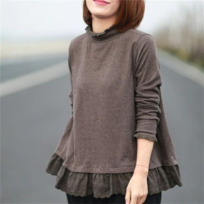 フリル襟 tシャツ レディース Tシャツ カットソー 長袖 フリル裾 切り替え ハイネック タートルネック オシャレ トップス インナー きれいめ カジュアル 大人 可愛い 大きいサイズ ゆったり 体型カバー 無地 春 秋 冬 20代 30代 40代 50代 送料無料