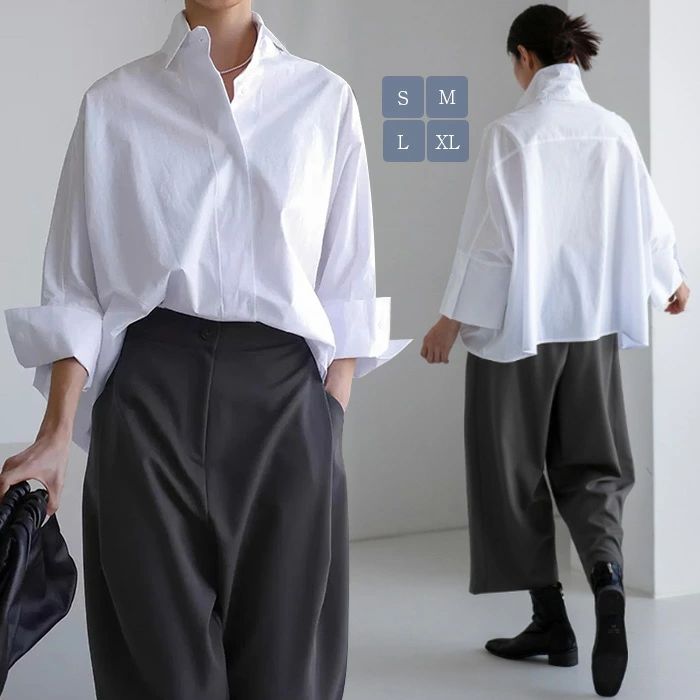 白シャツ シャツ レディース シャツブラウス 綿シャツ 綿100％ 長袖 vネック お洒落 コットン 白 個性的 上着 ブラウス デザイン感 トップス ゆったり 大きいサイズ 体型カバー 着・せ カジュアル シンプル オフィス かっこいい 通勤OL 着回し 20代 30代 40代 ホワイト