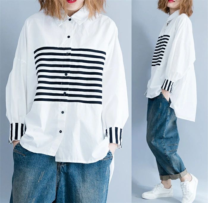 シャツ レディース 春夏 シャツブラウス 白シャツ 長袖シャツ 切り替え ボーダー柄 長袖 前開き 折襟 オフィス ブラウス トップス ナチュラル 大人可愛い 大きいサイズ ゆったり フォーマル 通勤OL ビジネス カジュアル 森ガール 着回し おしゃれ
