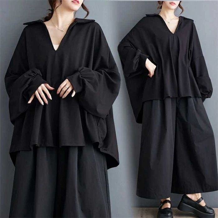 タックデザインシャツ トップス レディース 長袖 スキッパー Vネック ボリューム袖 ドルマン プルオーバー モード系 変形 ワイド ワイドトップス 無地 ユニセックスカジュアル オフィス ゆったり 楽ちん 秋 冬 長袖 女性 通勤 大人 おしゃれ 送料無料