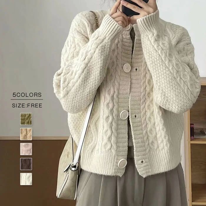 ニットカーディガン ニット カーディガン セーター レディース ニットセーター ケーブル編み カットソー トップス 羽織 長袖 前開き ニットカーデ ボタン ミディアム丈 クルーネック 丸首 無地 ゆったり 体型カバー オフィス 普段着 カジュアル オシャレ シンブル