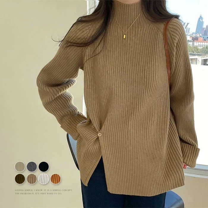 ニットセーター ニット セーター レディース 長袖 ウエストボタン 秋冬 スリット レイヤード カットソー トップス 無地 ハイネック プルオーバーセーター ニットトップス プルオーバー ゆったり 体型カバー 着・せ お洒落 カジュアル シンプル 通勤 きれめ