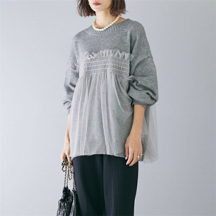 異素材切り替えニットセーター レディース 長袖 秋冬 チュール ドッキング ビスチェ風 ニット トップス ニットトップス セーター プルオーバー 長袖 オーバーサイズ 体型カバー チュニック 着映え トレンド カジュアル きれいめ 上品 防寒 暖か 冬 お洒落 送料無料