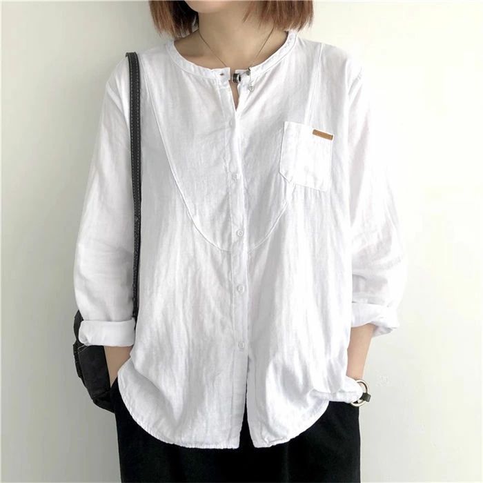 シャツ レディース 長袖 シャツ お洒落 オフィス ブラウス ガーゼ 春 夏 綿100％ コットン クルーネック シンプル トップス 体型カバー きれいめ ベーシック 前開き 大きいサイズ ゆったり 柔らか カジュアル オフィス 通勤 OL フォーマル ビジネス 通学 ナチュラル