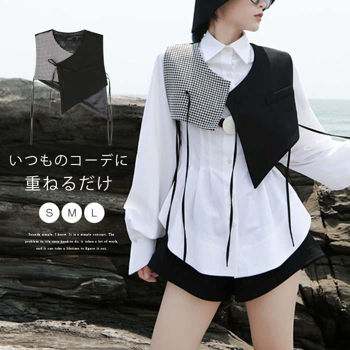 ベスト レディース 秋冬 前開き 千鳥柄 切替 アシンメトリー トップス おしゃれ レディース トップス 重ね着 ベスト リボンデザイン バイカラー 配色 ノースリーブ タンク レイヤード ベスト レイヤード風 OL 通勤 プレゼント 30代 40代 50代 送料無料