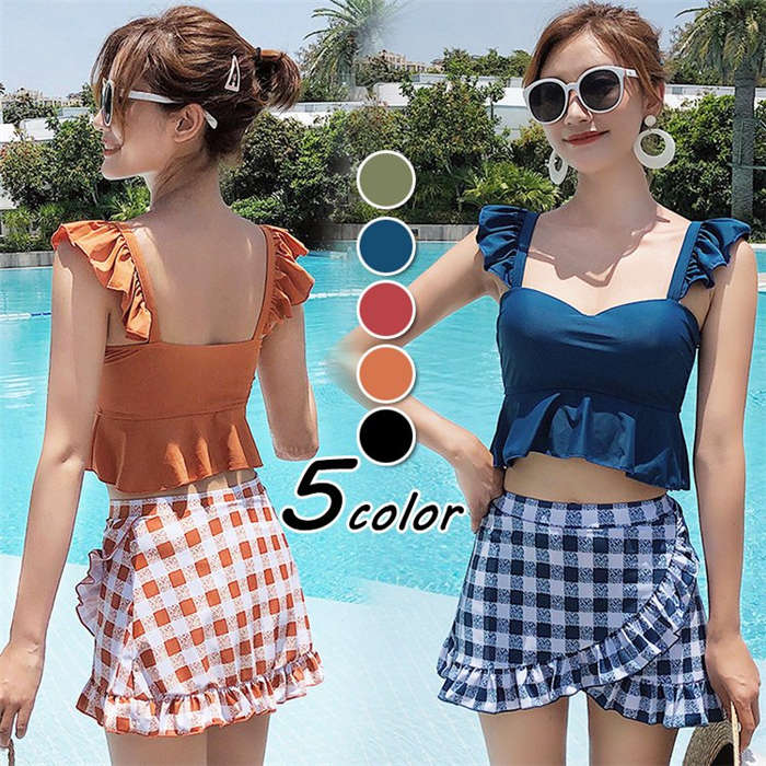 水着2点セット レディース 体型カバー水着 セパレート チェック柄スカート ビキニ 小胸バンドゥ 40代 オシャレ韓国風 可愛い スイムウェア ママ水着 学生 温泉 ママ水着 ビーチ 海水浴 水泳 20代 30代 40代 送料無料