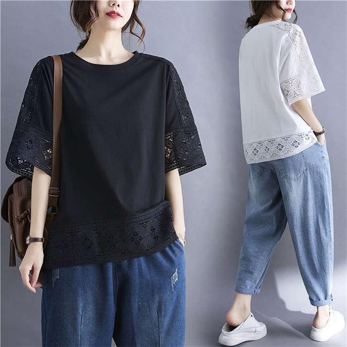 Tシャツ レース トップス ブラウス カットソー 春 夏 シャツ Tシャツ 五分袖 ゆったり 白 黒 可愛い カジュアル オフェス 通学 通勤 30代 40代 送料無料