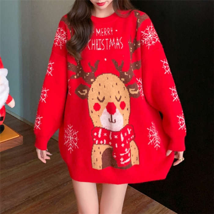 ニットセーター レディース クリスマスセーター チュニック ニットプルオーバー トップス 雪花柄 クリスマスツリー 長袖 セーター Xmas christmas 装飾 肩落ち トップス ニット トナカイ ゆったり 秋冬 体型カバー おしゃれ カジュアル 可愛い 通勤