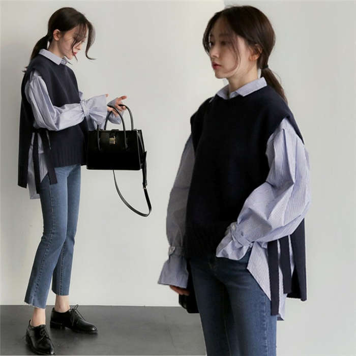 ニットベスト レディース 40代 春秋冬 ベストセーター 無地 Vネックニットベスト&長袖ブラウス オシャレセットアップ レディースプルオーバーベスト ジレ 2点セット 韓国風 通勤 着痩せ プルオーバーベスト 送料無料