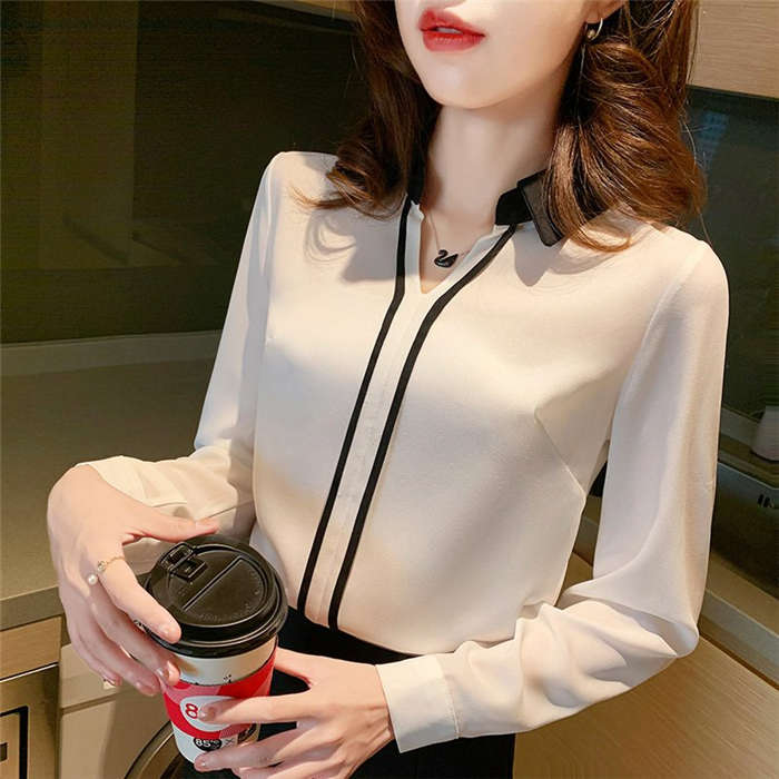 ブラウス レディース 長袖ブラウス 春秋 オフィスブラウス 白vネック オシャレブラウス シフォントップス 韓国風 大人 上品 通勤OL ゆったりシャツ 40代 50代 送料無料
