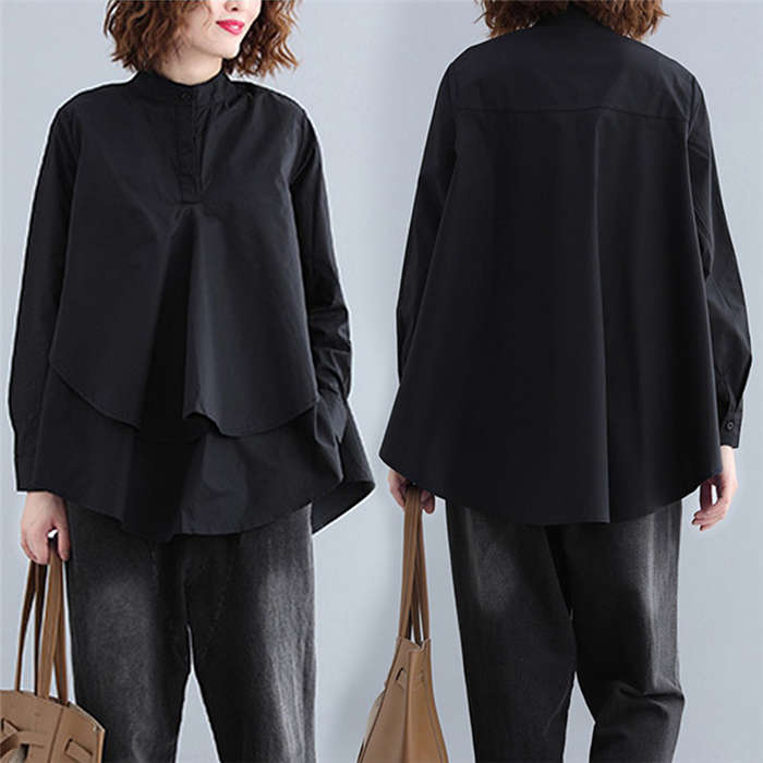 シャツ レディース シャツ ブラウス 黒 長袖ブラウス 立ち襟 フレア 春 秋 新作 長袖 ブラック オフィス 通勤 スーツ シャツブラウス 無地 Aライン トップス レイヤード風 可愛い 通勤 通学 やわらかい シンプル 上品 30代 40代 50代 送料無料