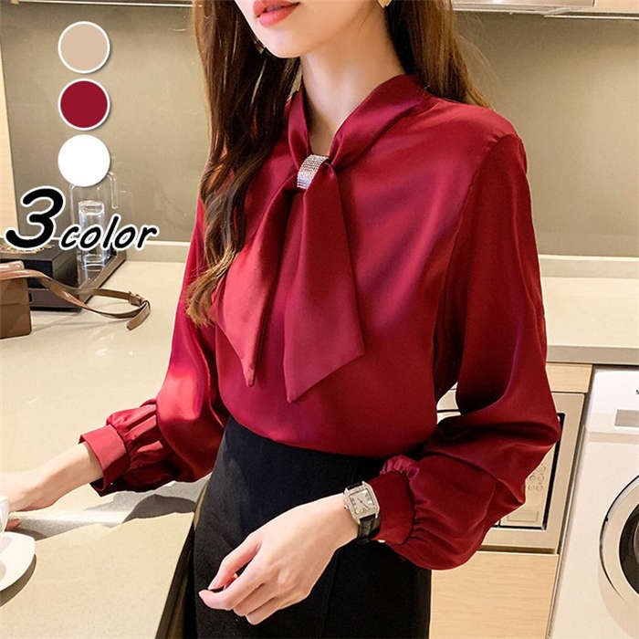 ブラウス レディース きれいめ 40代 春秋新作 オシャレブラウス シルク風シャツ 長袖トップス リボンVネックブラウス 大人 通勤 ゆったり シャツ30代 50代 ホワイト ベージュ レッド 送料無料