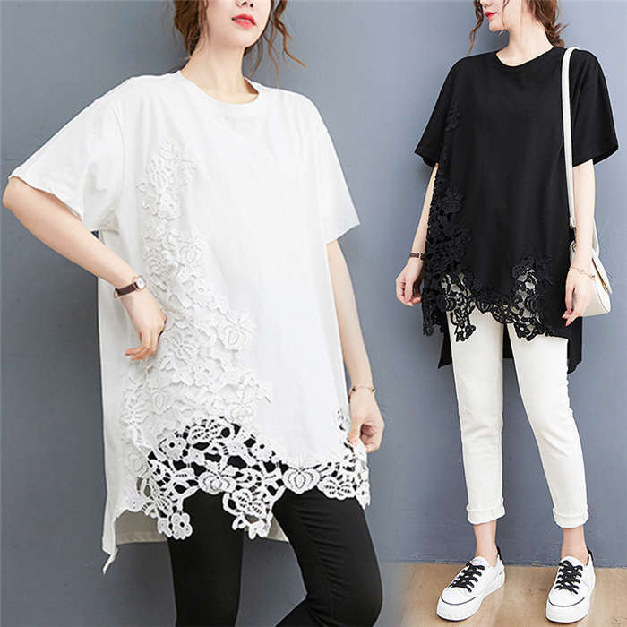 Tシャツ レディース チュニック シャツブラウス レース切り替え 刺・ 綿 UVカット 紫外線対策 ロングシャツ チュニックワンピ 半袖 上着 春 夏 綿 無地 体型カバー ゆったり カジュアル 通勤 OL 上品 透かし編み 可愛い 20代 30代 40代 送料無料