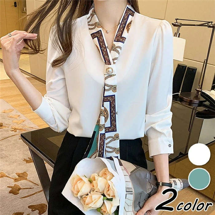 ブラウス レディース きれいめ 40代 春秋新作 オシャレブラウス シルク風シャツ 長袖トップス リボンvネックブラウス 大人 通勤 ゆったり シャツ30代 50代 送料無料