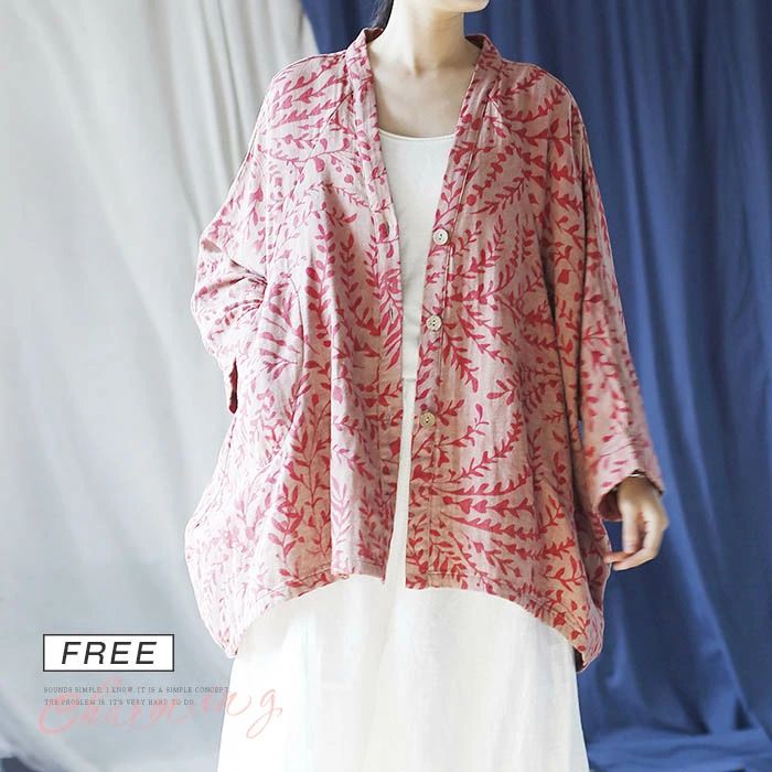 アウター コート 綿100％ カーディガン レディース 春秋 スプリングコート 2重ガーゼ カーデ 綿ガーゼ 長袖 Vネック ロング丈 花柄 コットン 大きいサイズ 前開き 羽織 トップス ゆったり 体型カバー レトロ 柔らかい お洒落 上品 ナチュラル 森ガール ルームウェア