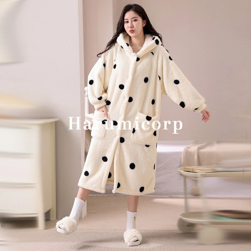 パジャマ ルームウェア レディース 秋冬 ドット柄 白フード付き モコモコ 長袖 前開き ナイトロープ フランネル バスローブ 可愛い ロング丈　 暖かい ガウン 厚手パジャマ 部屋着