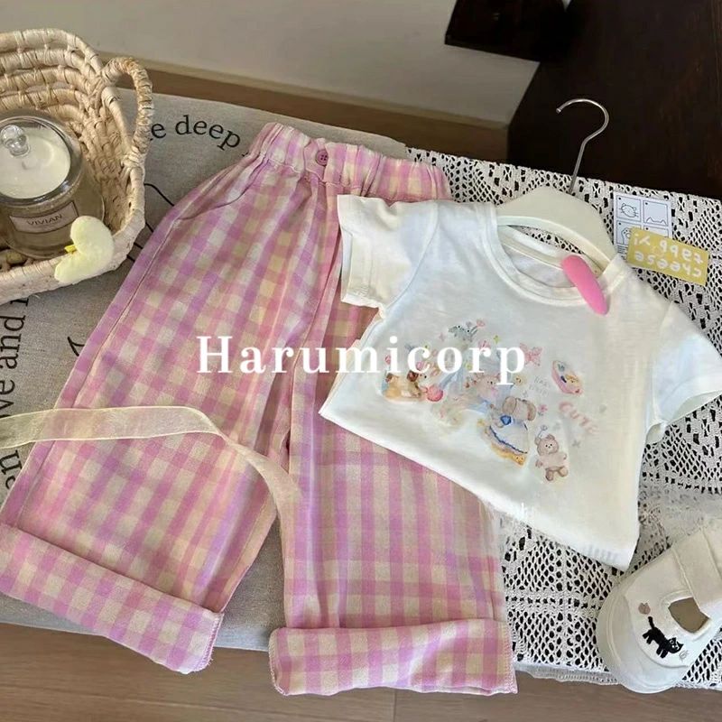 セットアップ キッズ ベビー服 女の子 tシャツチェック柄ロングパンツ おしゃれ 可愛い 子供服 夏 上下..