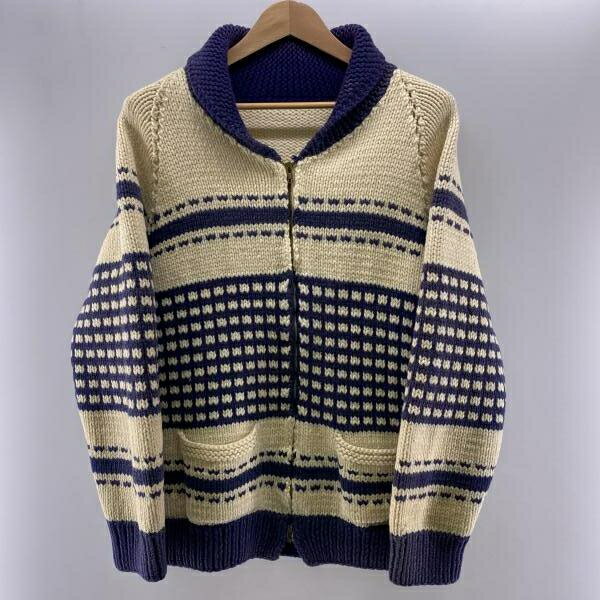 【中古】ブランド不明 50～60s Clark Coatsジップ カウチンセーター アイボリー×ブルー[24]