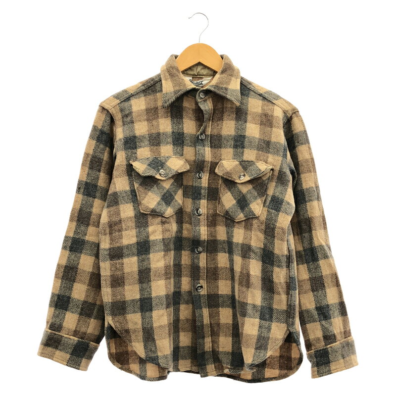 【中古】WOOLRICH 60-70s白タグ ブロックチェック ウールシャツL/S ベージュ M[24]