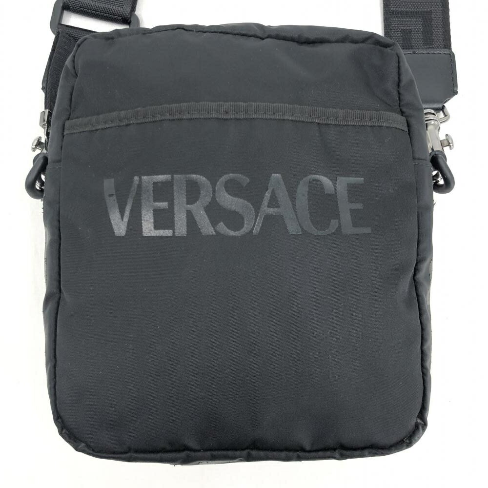 【中古】VERSACE シャドーロゴグレカ　ナイロンショルダーバック ブラック ▲プリント剥がれ有り ヴェルサーチ[17]