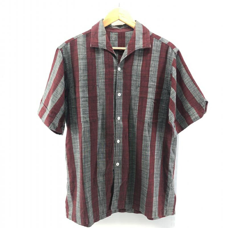 【中古】ブランド不明 60s イタリアンカラー ストライプシャツ サイズM レッド×グレー[24]
