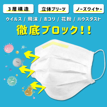 マスク【在庫あり】不織布 100枚 50枚入り×2 ホワイト ブルー 三層構造 ウィルス 花粉対策 不織布マスク 使い捨て 衛生マスク 3層 立体プリーツマスク レギュラーサイズ マスク 抗菌 大人用 男女兼用 送料無料 お宝プライス ###3層構造マスク100枚###